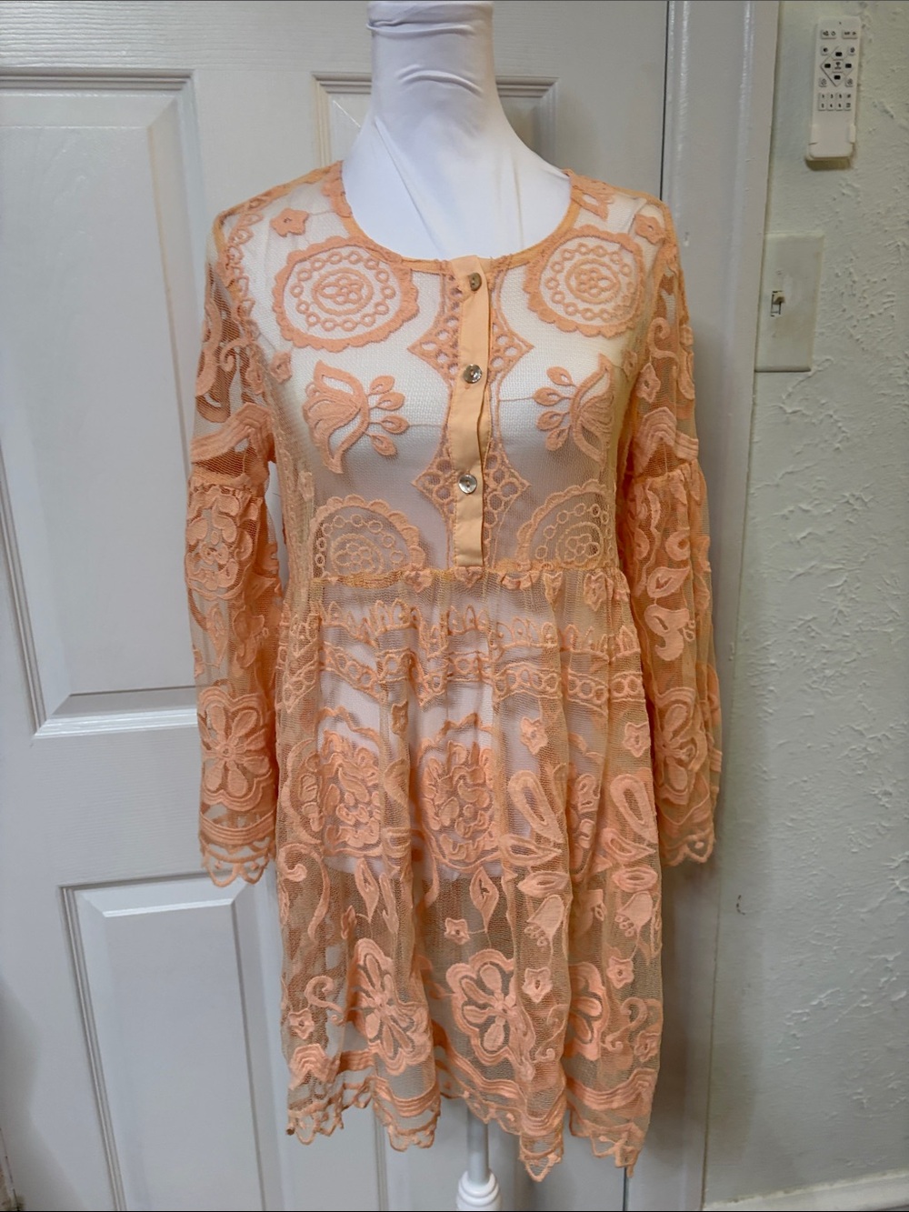 Free People Peach Lace Long-Sleeve Midi Dress